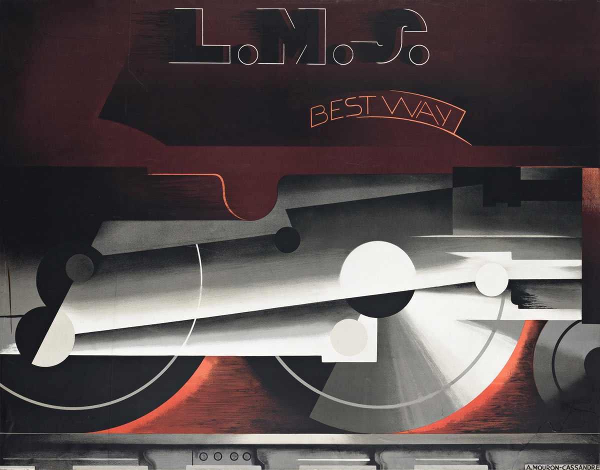 ADOLPHE MOURON CASSANDRE (1901-1968).  L.M.S. BEST WAY. 1928. 37½x48½ inches, 95¼x123¼ cm. [McCorquodale & Co. Limited, London.]